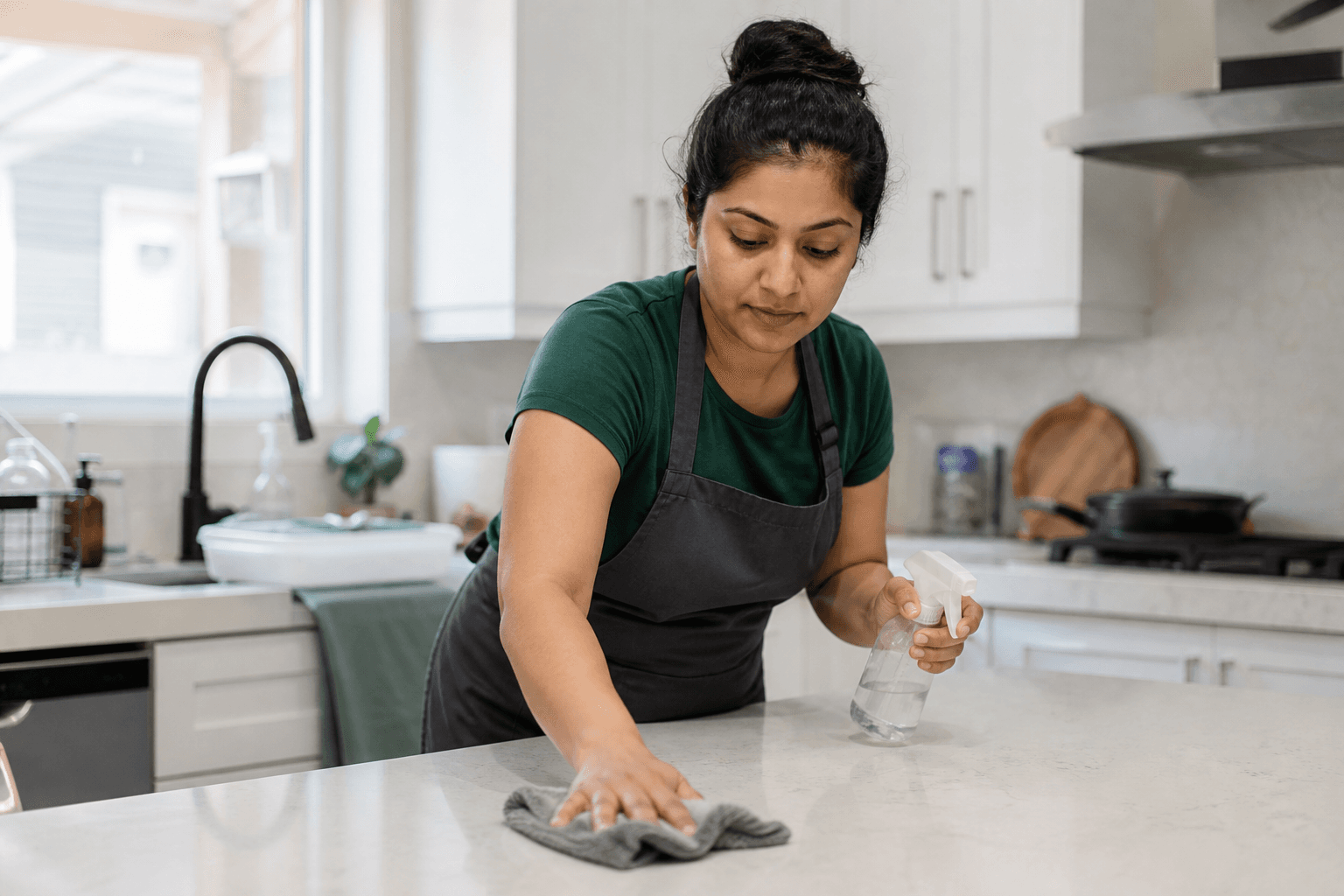 A home cleaning provider wiping a kitchen counter
